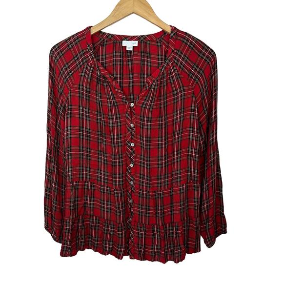 J.Jill Red Plaid Rayon Shirt Long Sleeve Tartan Button Front V Neck Womens M‎ - Picture 1 of 6